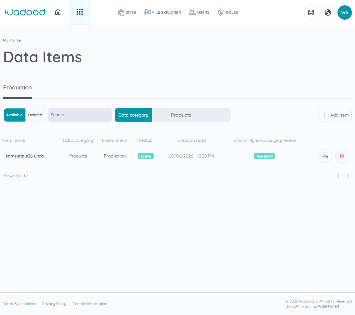 Data Items list