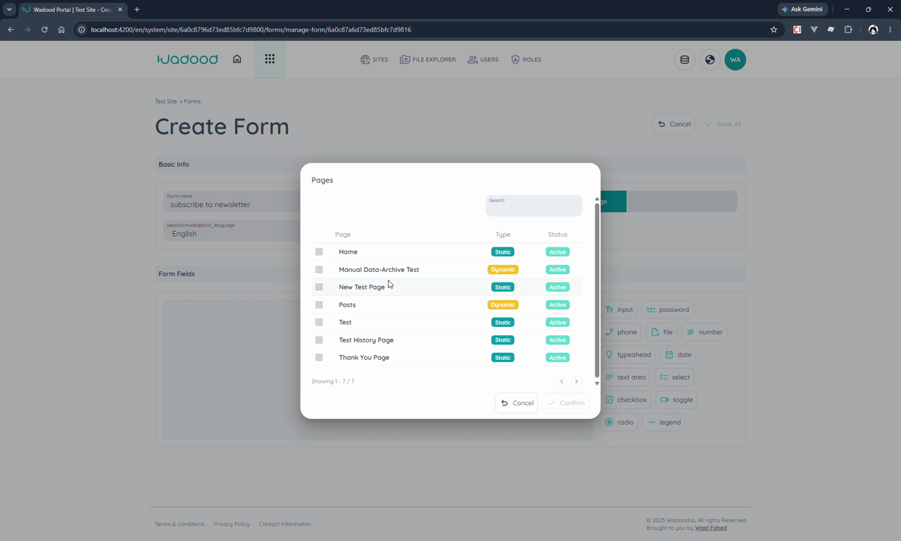 Create form — Basic Info, page picker, and field palette