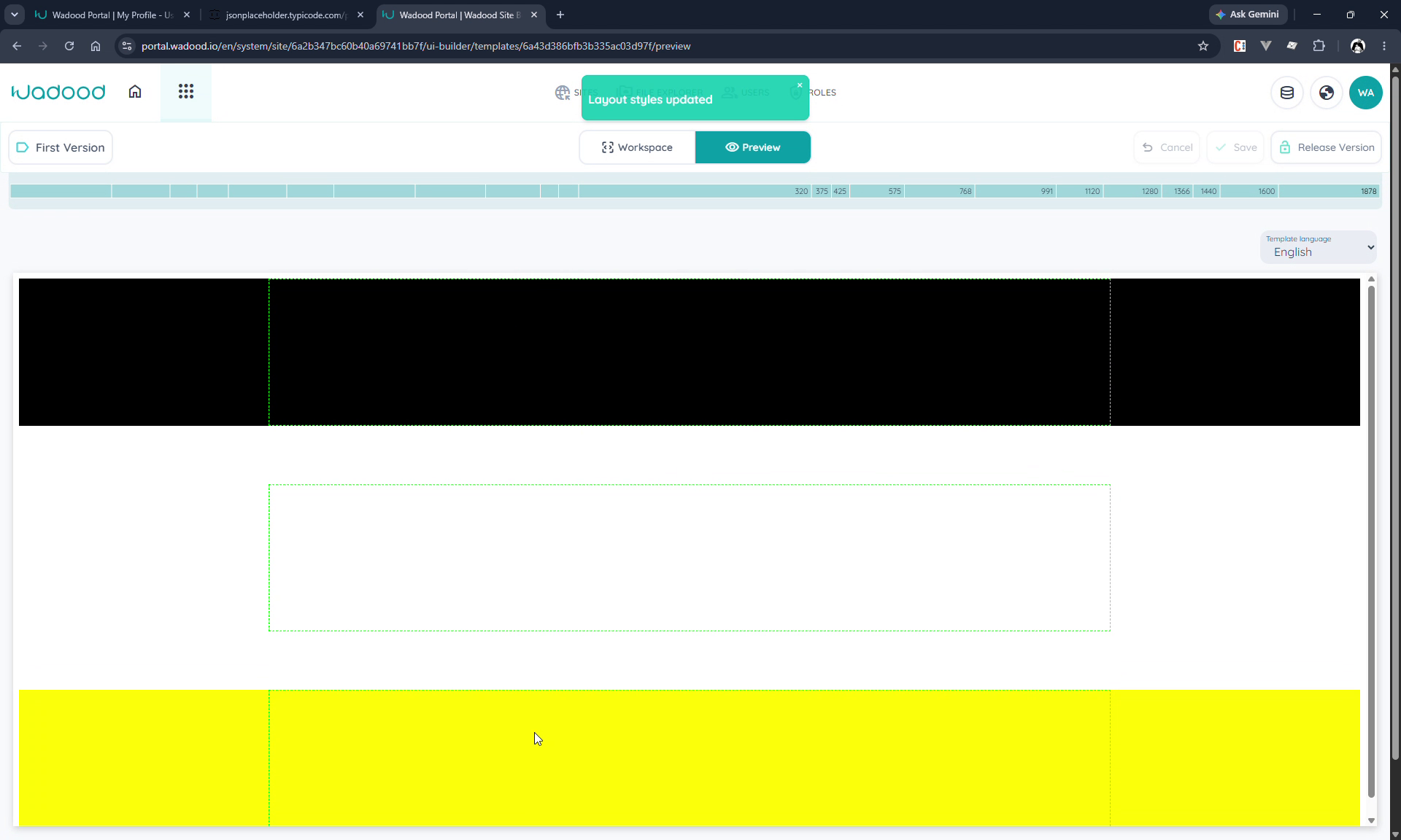 Layout preview — header, the page slot, footer