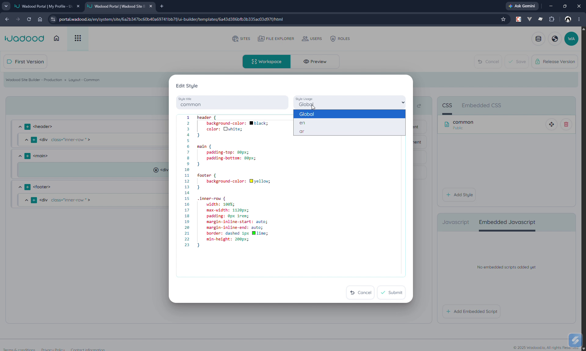Layout style form — the "Style Usage" scope selector