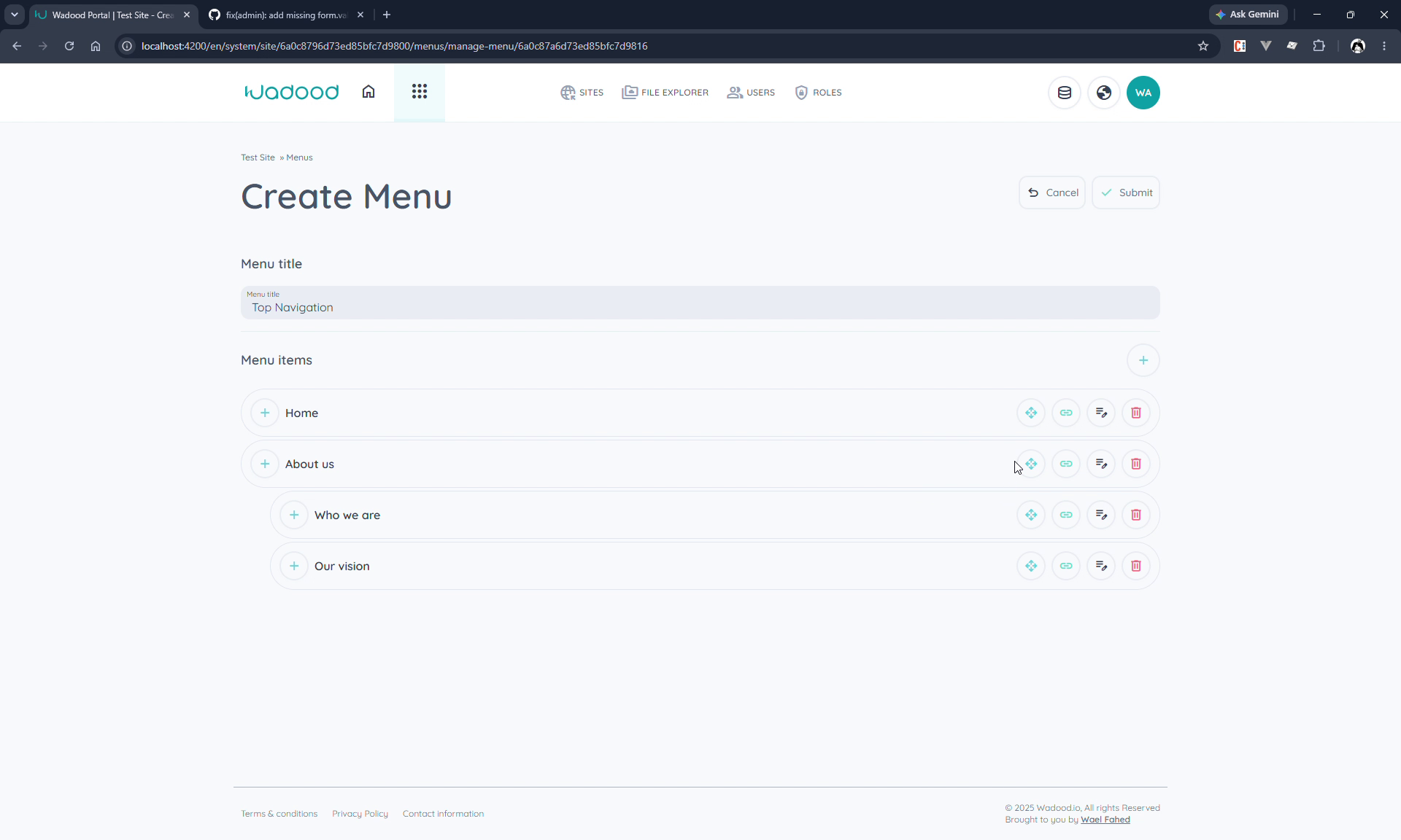 Menu builder with nested items