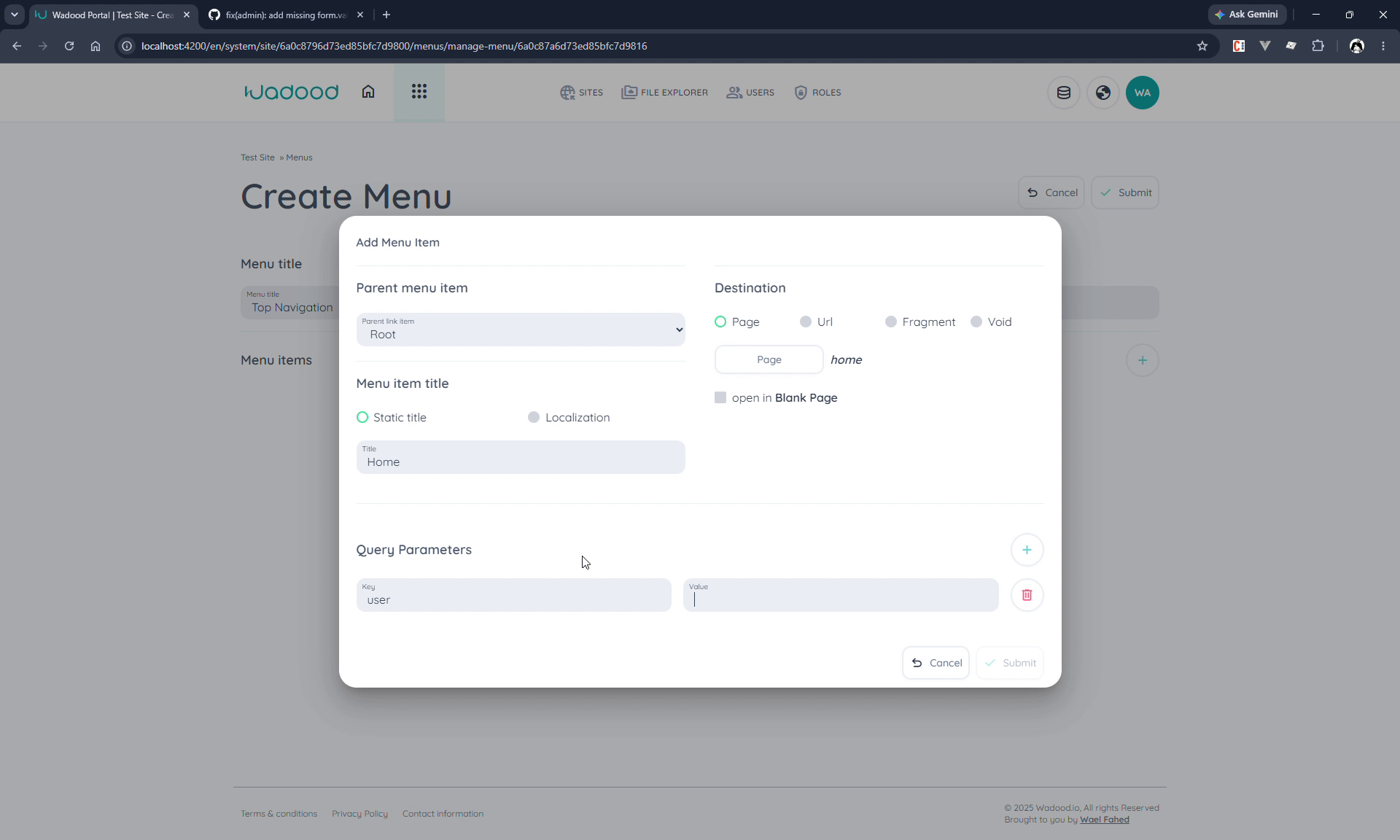 Menu item editor
