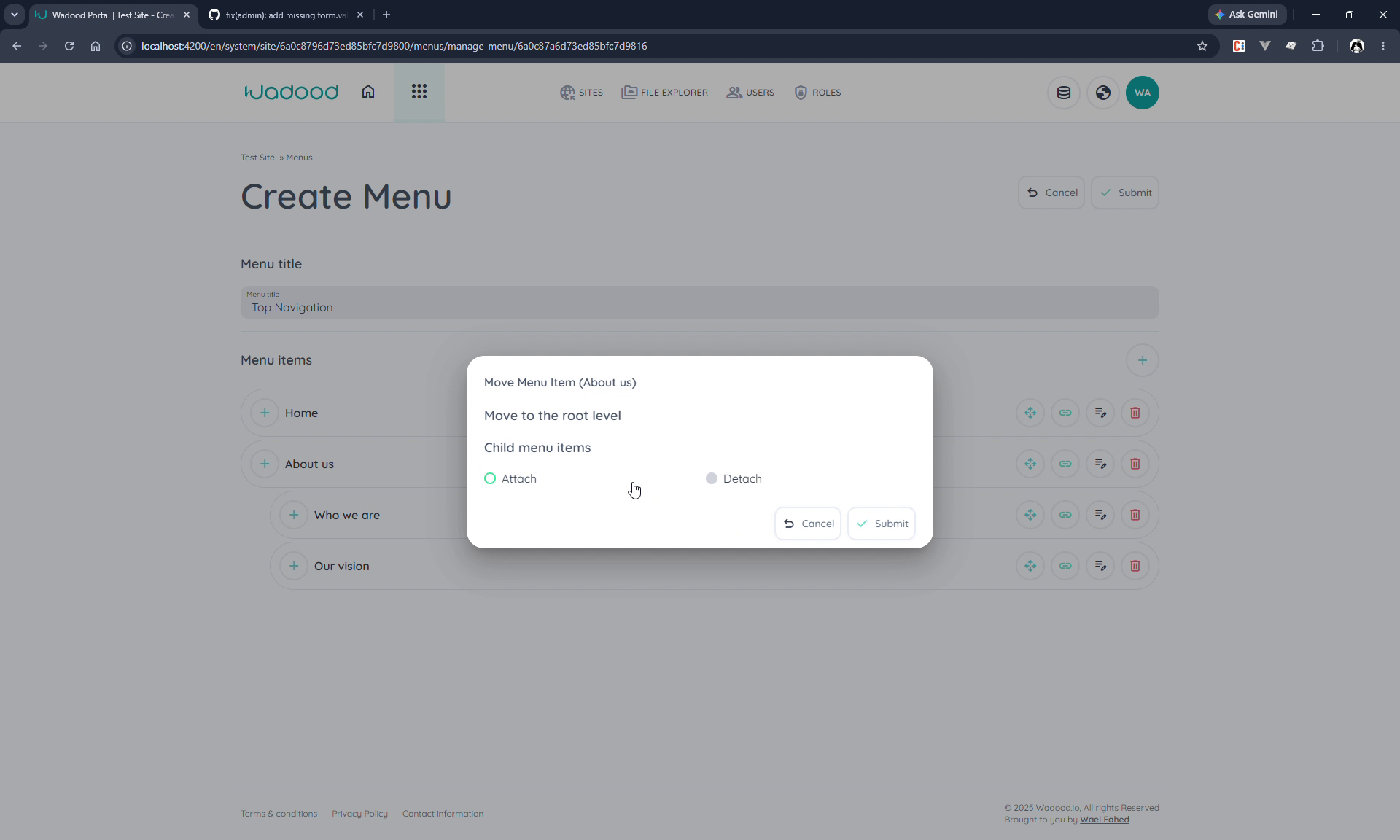 Move menu item dialog