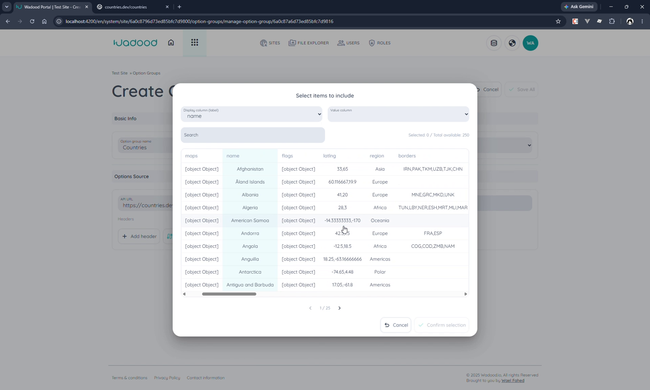 API data selection dialog