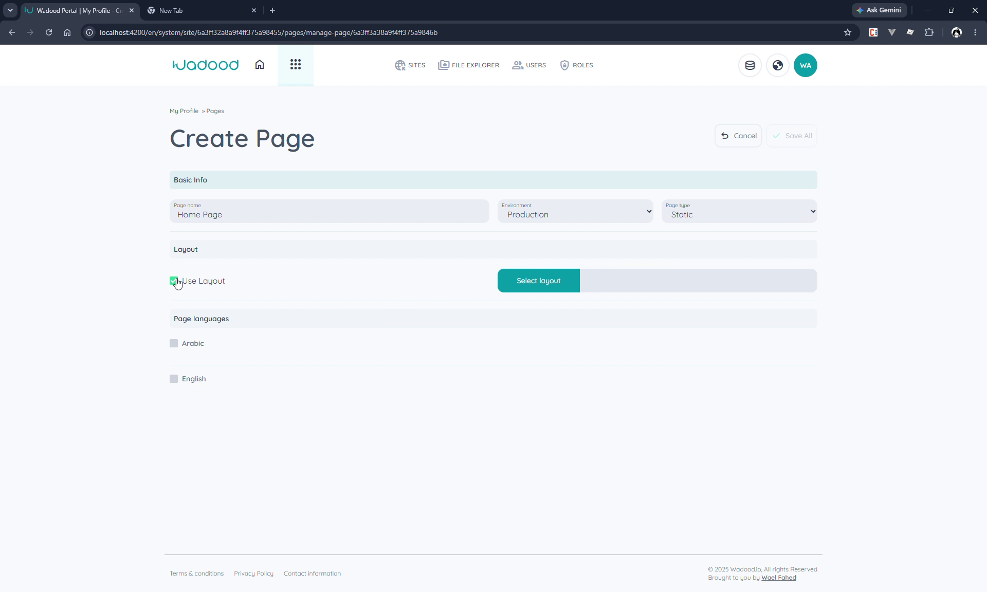 Create Page form