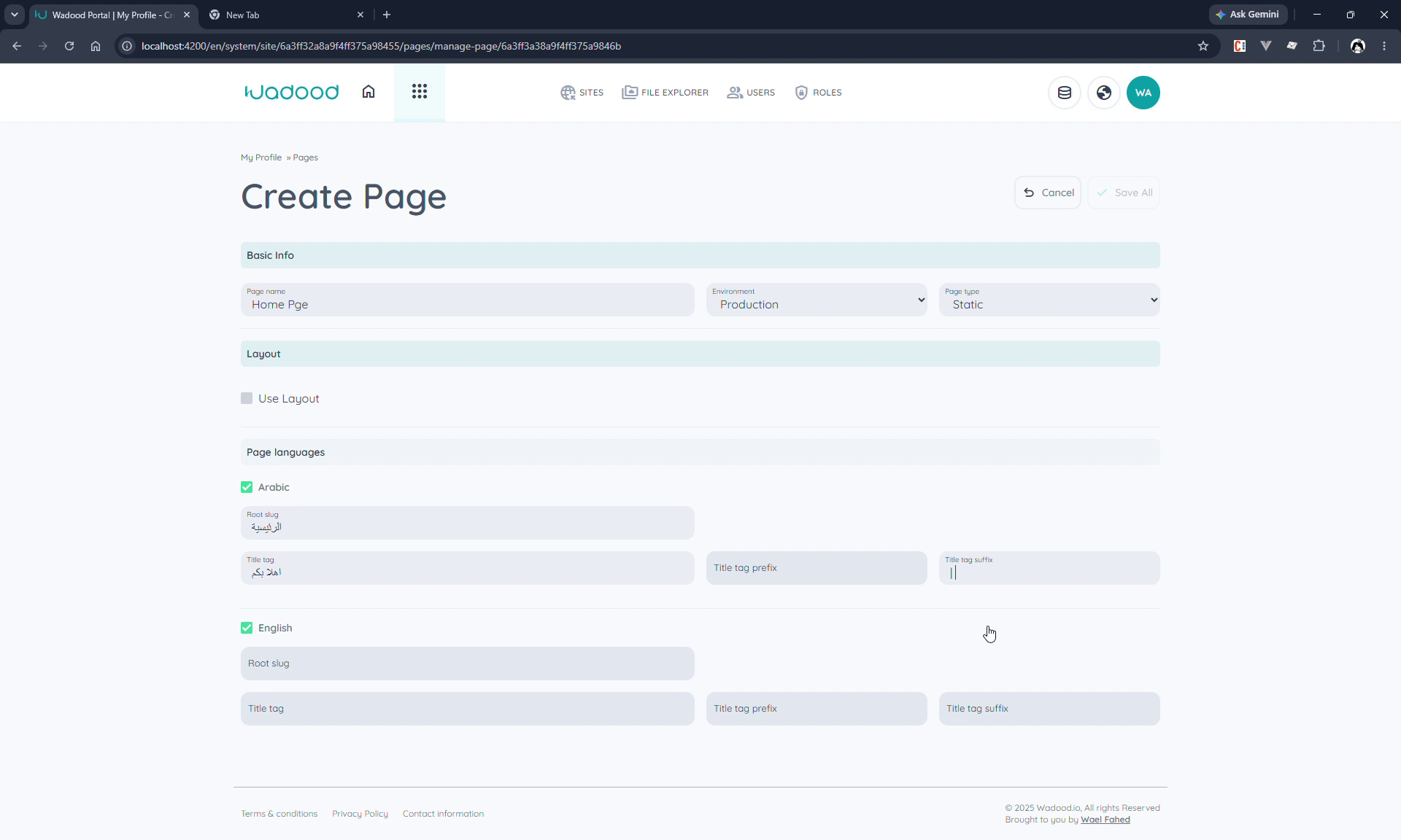 Page languages — root slug & title tag