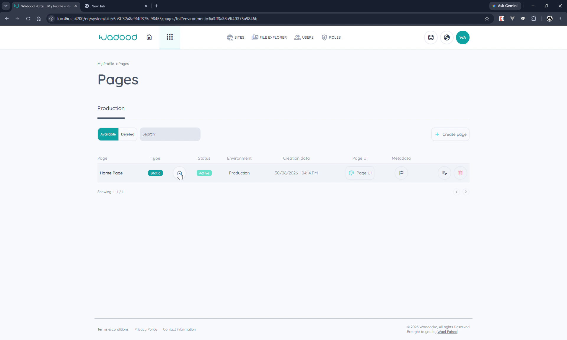 Pages list with row actions