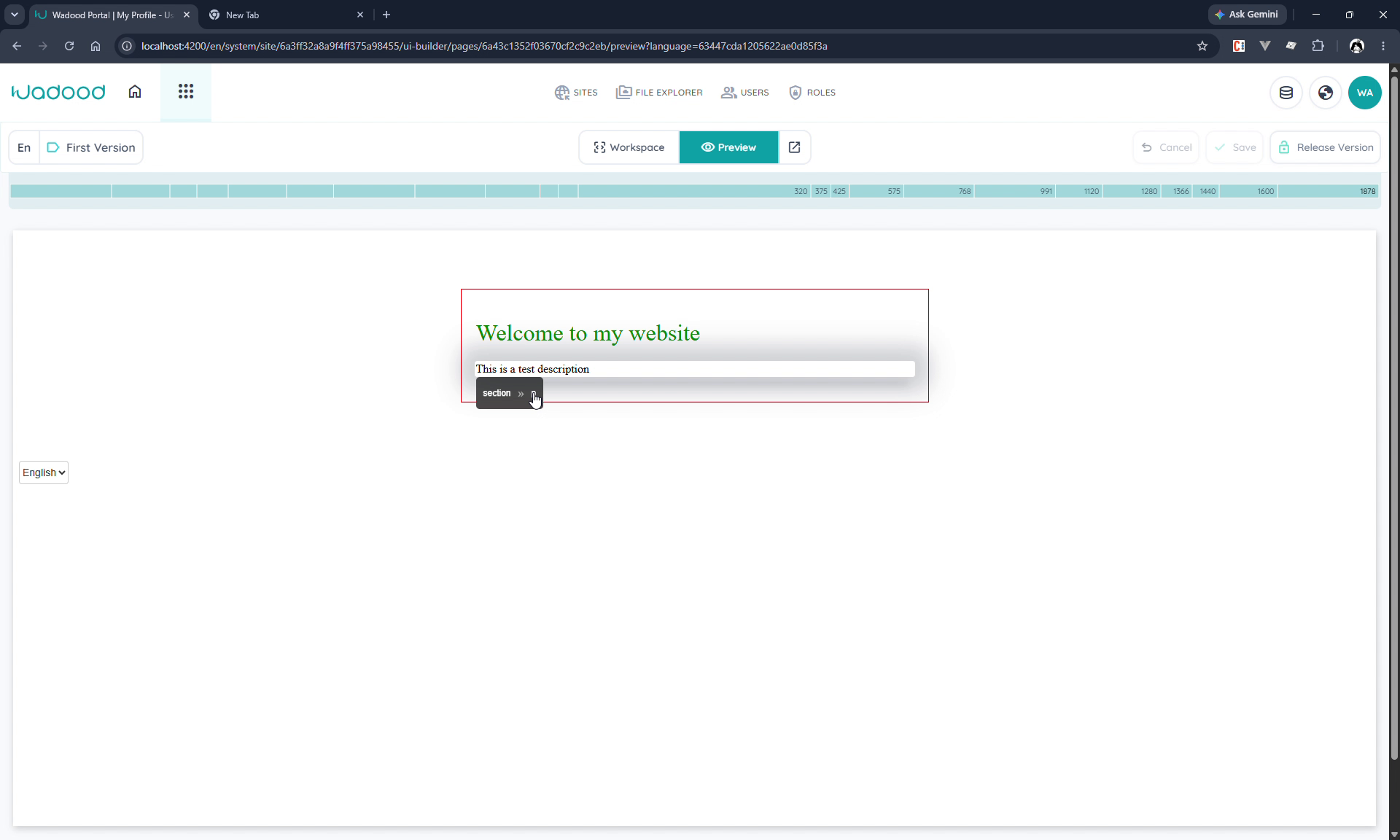Preview with element inspect & breadcrumb
