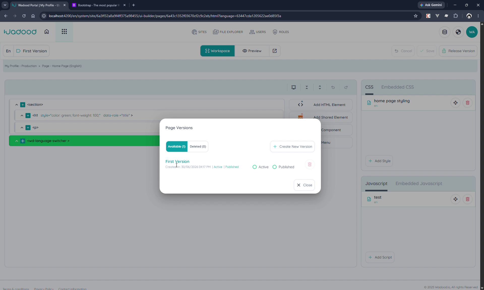 Page Versions dialog