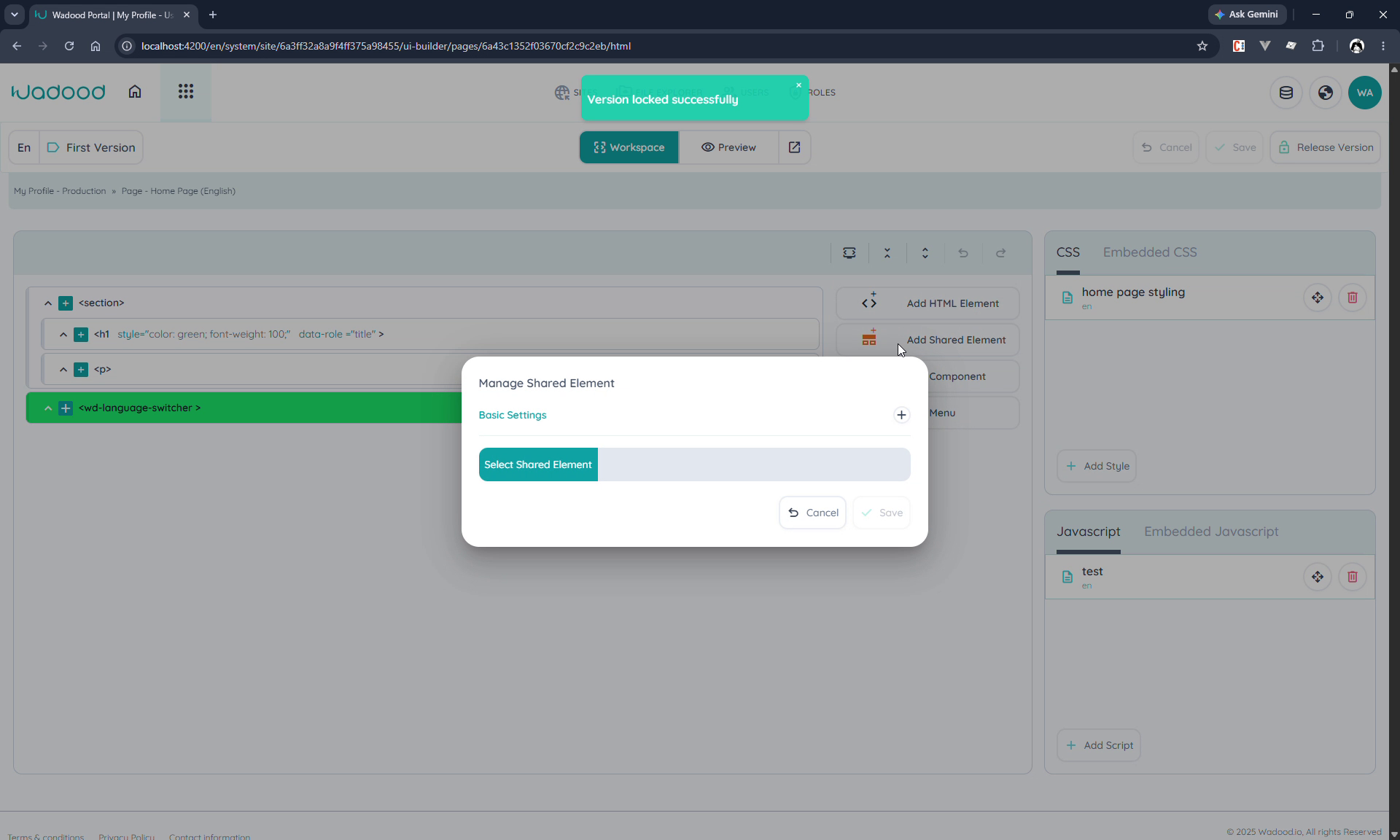 Adding a shared element into a page
