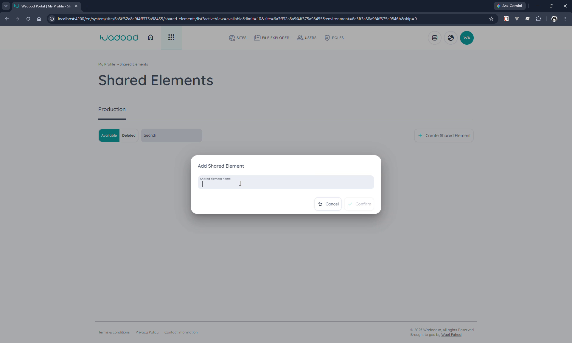 Shared Elements list + Create dialog