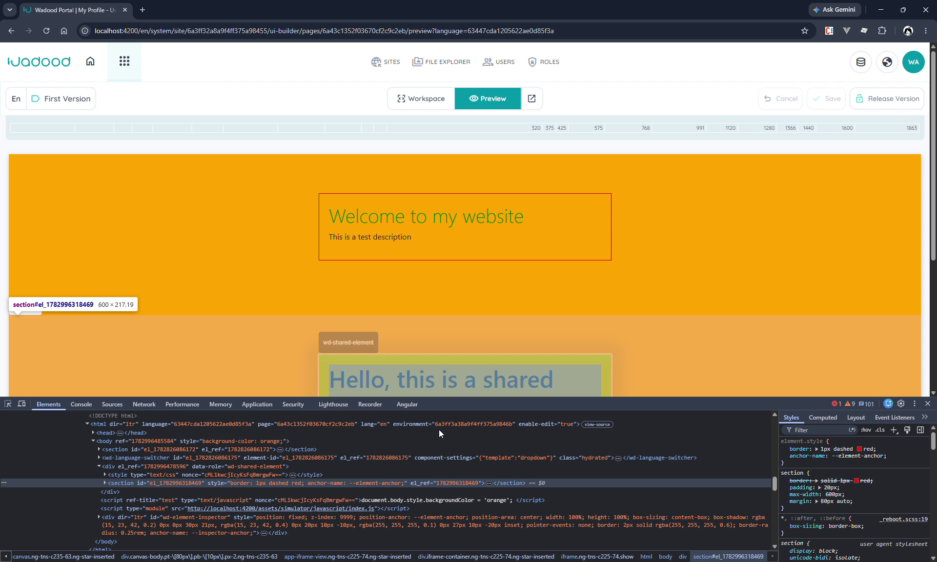 A shared element rendered in a page, with its scoped wrapper