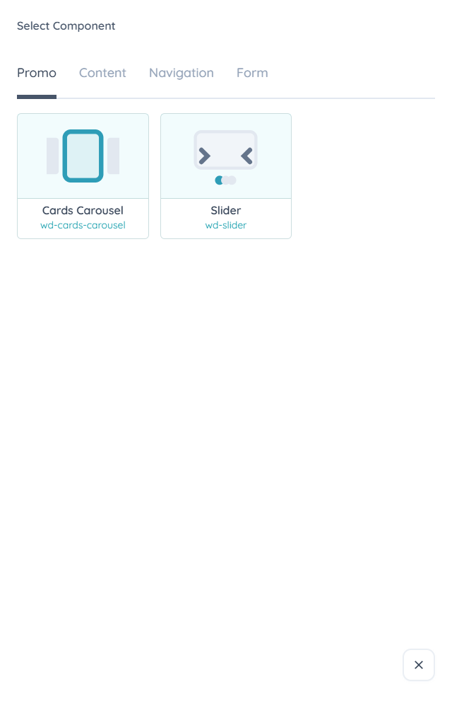 The Select Component picker, grouped by category
