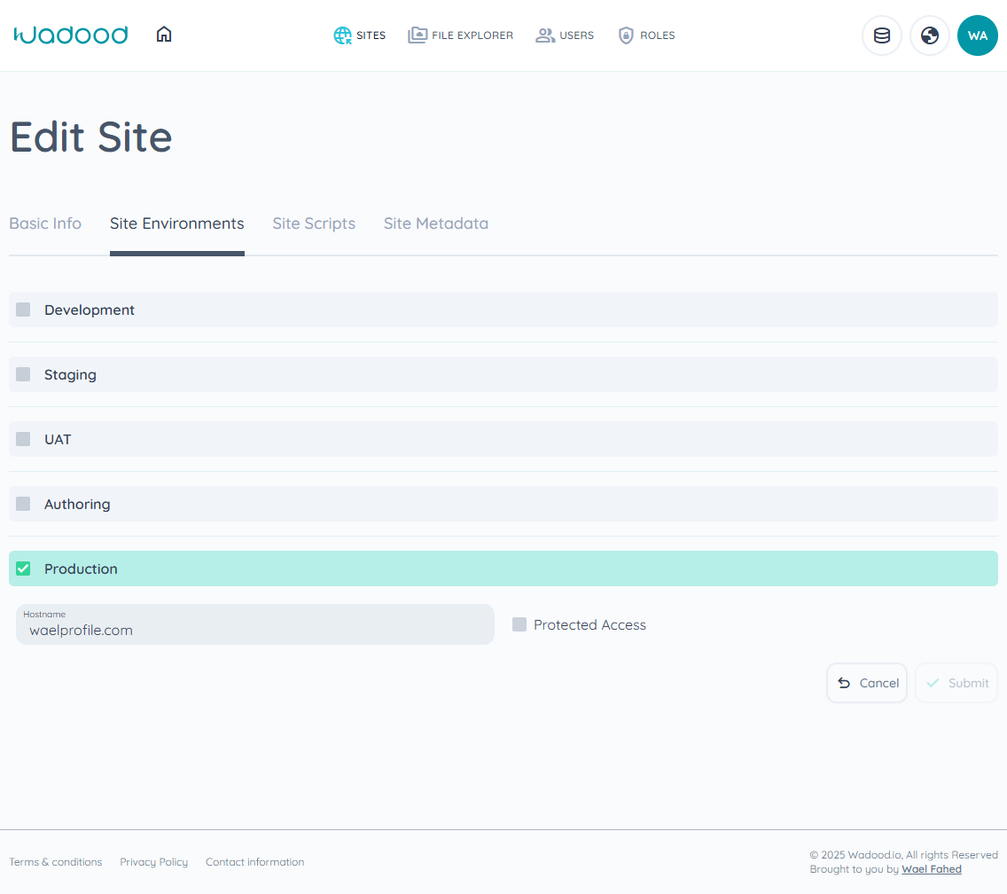 Site Environments tab