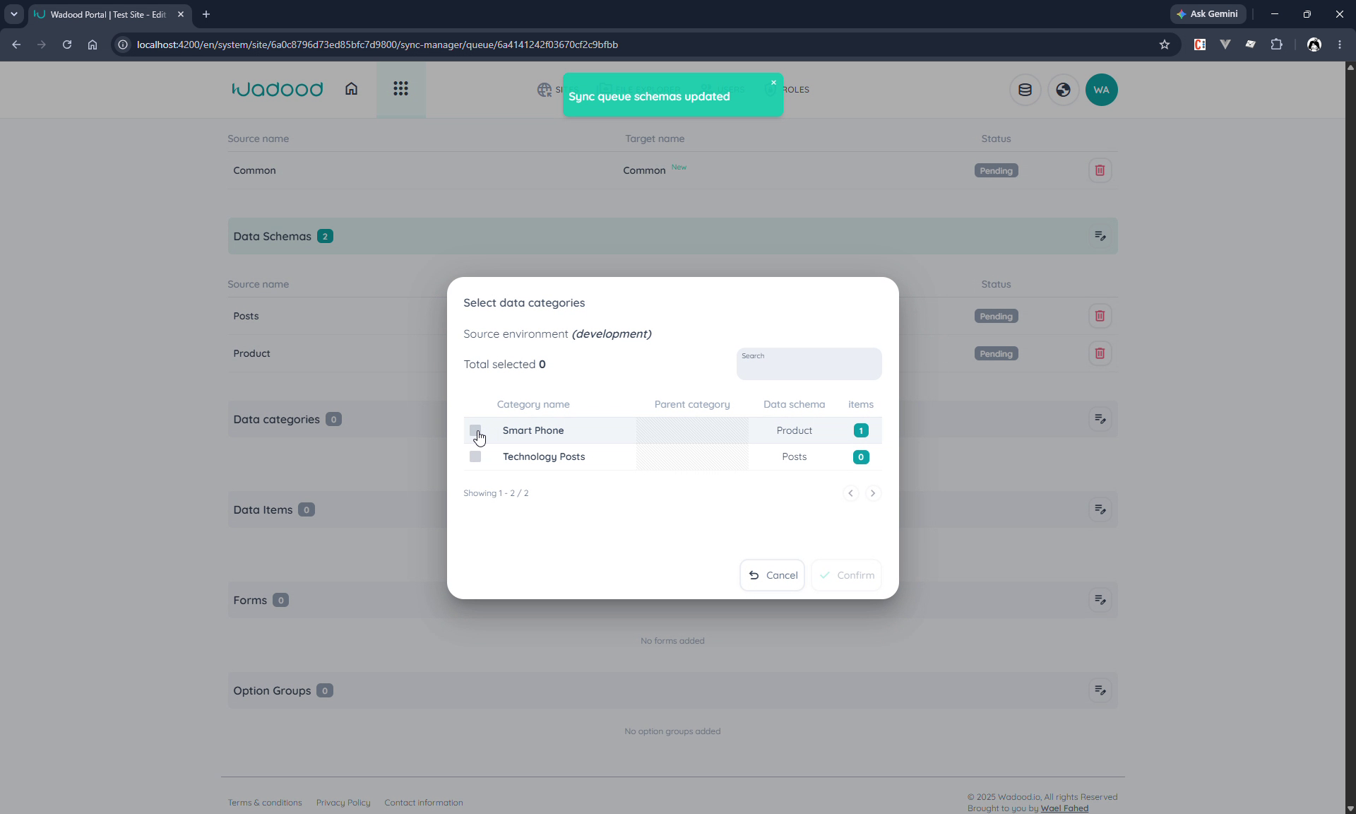 Multi-select dialog (data categories) over a populated queue